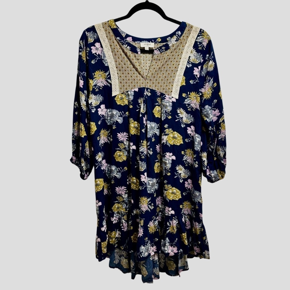 Umgee mixed fabric patchwork floral print dress/top with ruffle hem Small